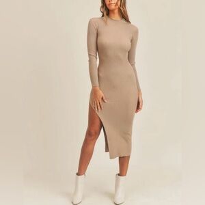 Long-Sleeve Asymmetric Midi Dress in Taupe